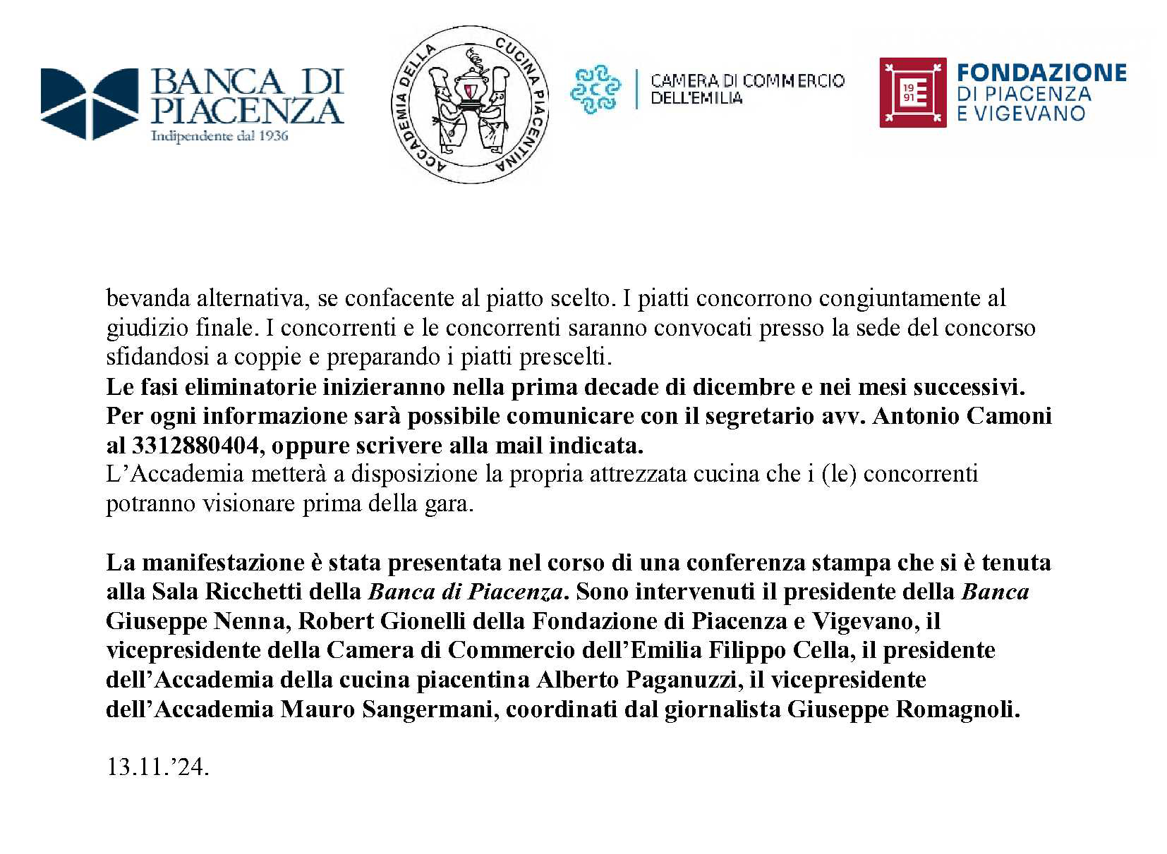 Accademia della cucina piacentina: per la 31ͣ  edizione della Süppéra d'Argint concorso aperto anche