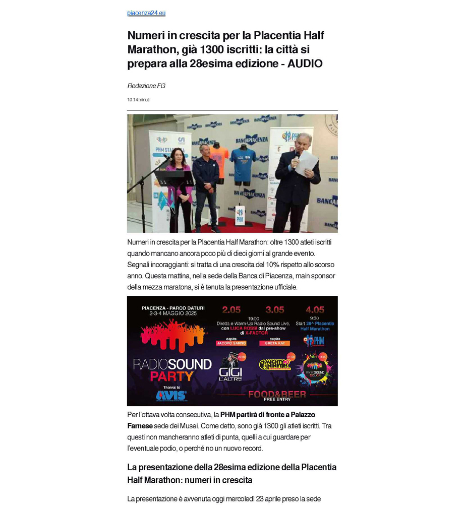 Numeri in crescita per la Placentia Half Marathon, già 1300 iscritti: la città si prepara alla 28esi
