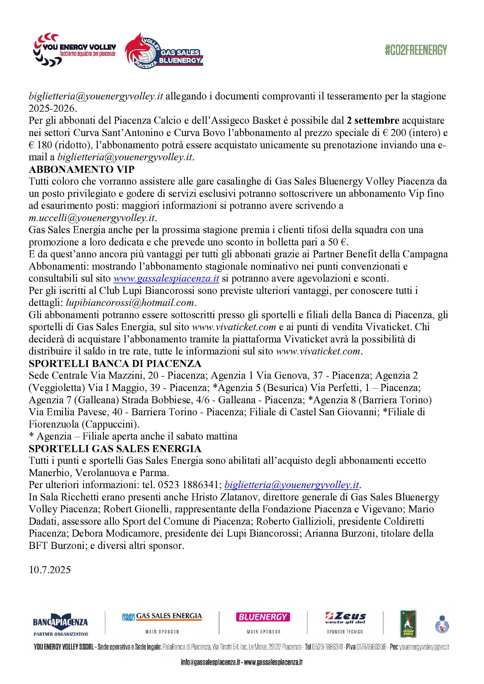 GAS SALES BLUENERGY VOLLEY PIACENZA