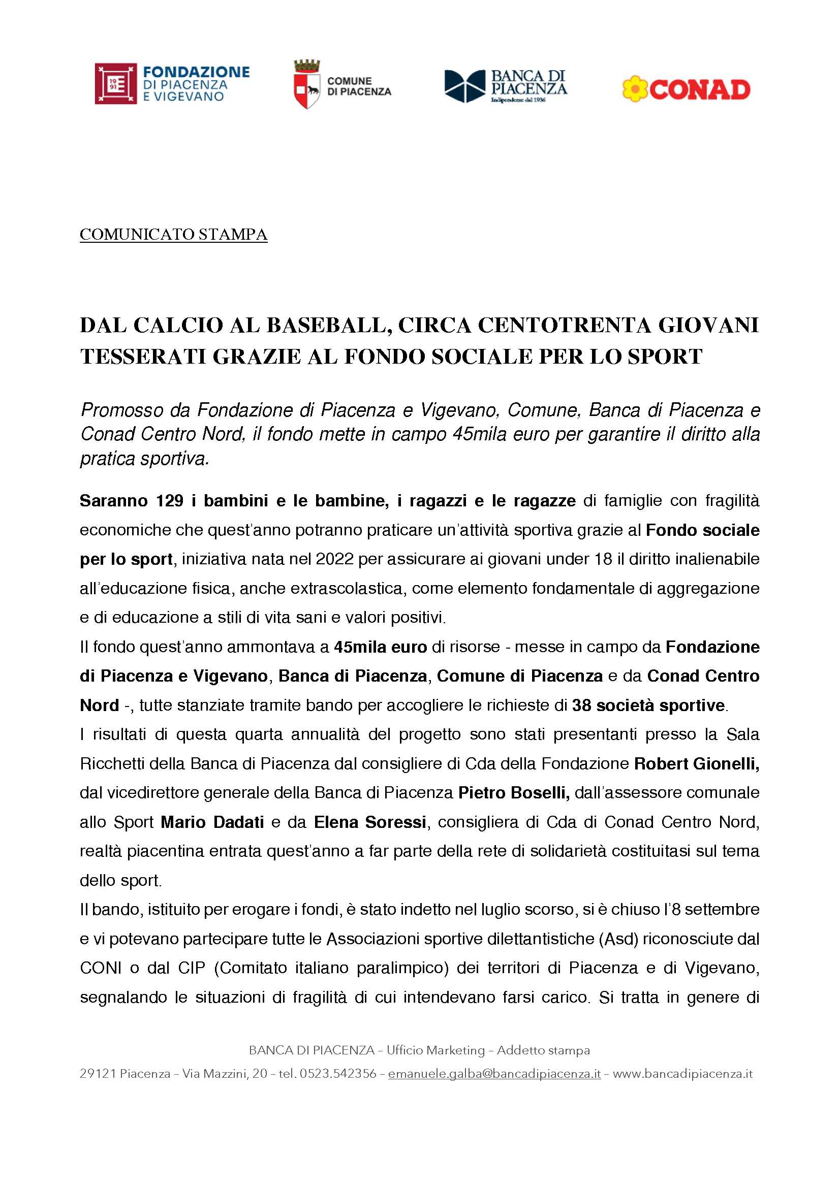 DAL CALCIO AL BASEBALL, CIRCA CENTOTRENTA GIOVANI  TESSERATI GRAZIE AL FONDO SOCIALE PER LO SPORT